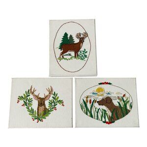 Hand Embroidered Woodland Animal Canvas Art Set Deer Dog Nature Folk Art 8x10